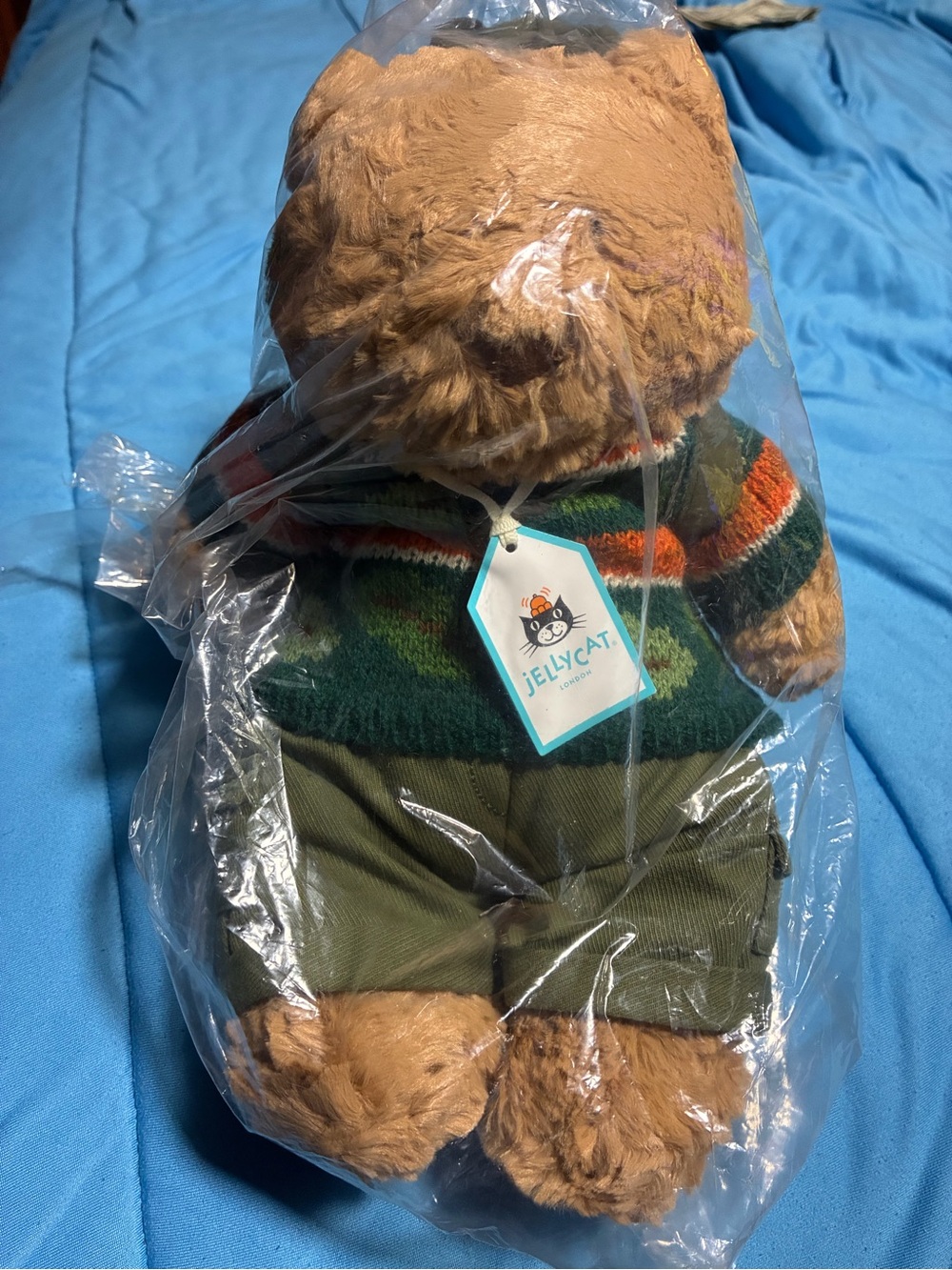 Jellycat Brown Bear Plush in Green Striped Sweater and Olive Shorts